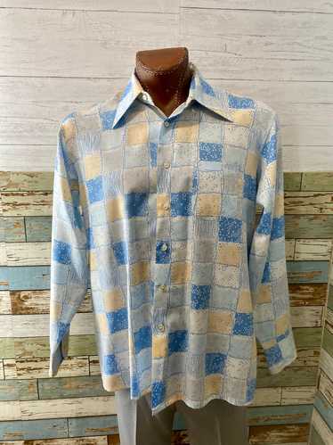 70’s Pale Blue & Peach Square Print Disco Shirt By