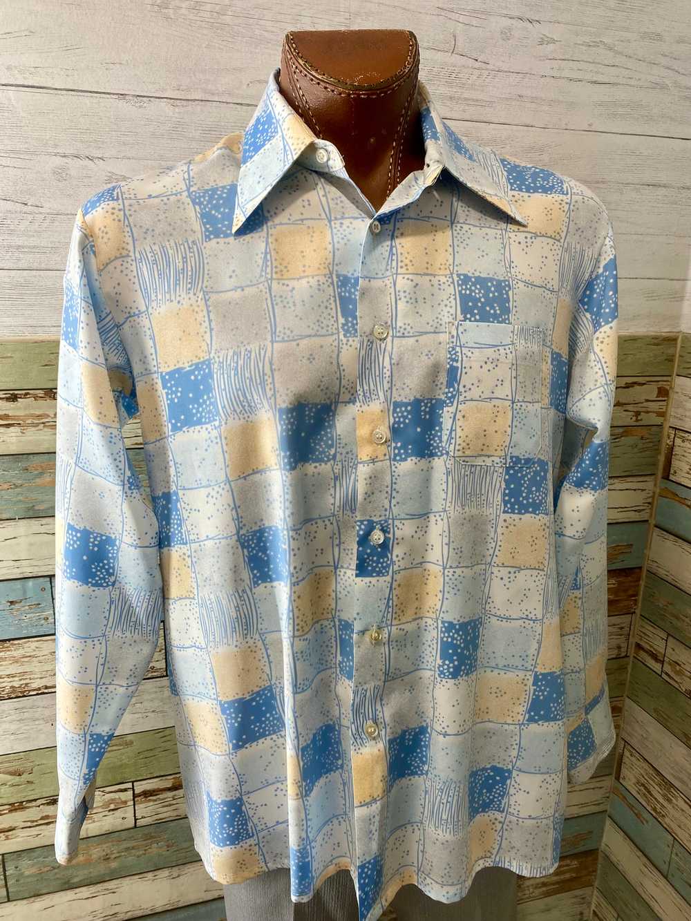 70’s Pale Blue & Peach Square Print Disco Shirt B… - image 2