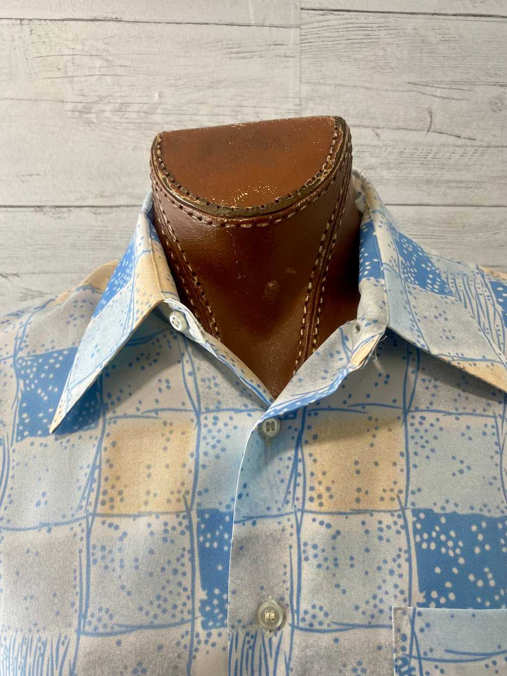 70’s Pale Blue & Peach Square Print Disco Shirt B… - image 3