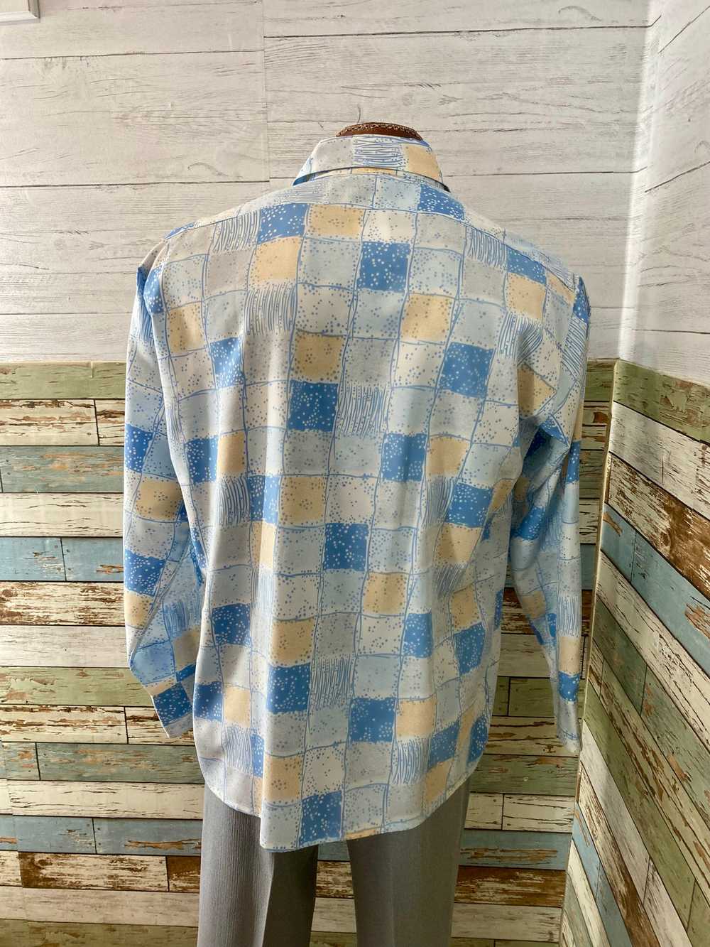 70’s Pale Blue & Peach Square Print Disco Shirt B… - image 9