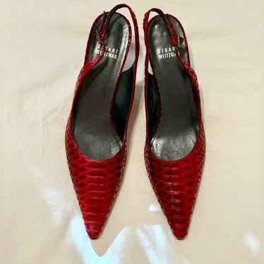 Stuart Weitzman Red Snakeskin Pointed Slingback H… - image 1