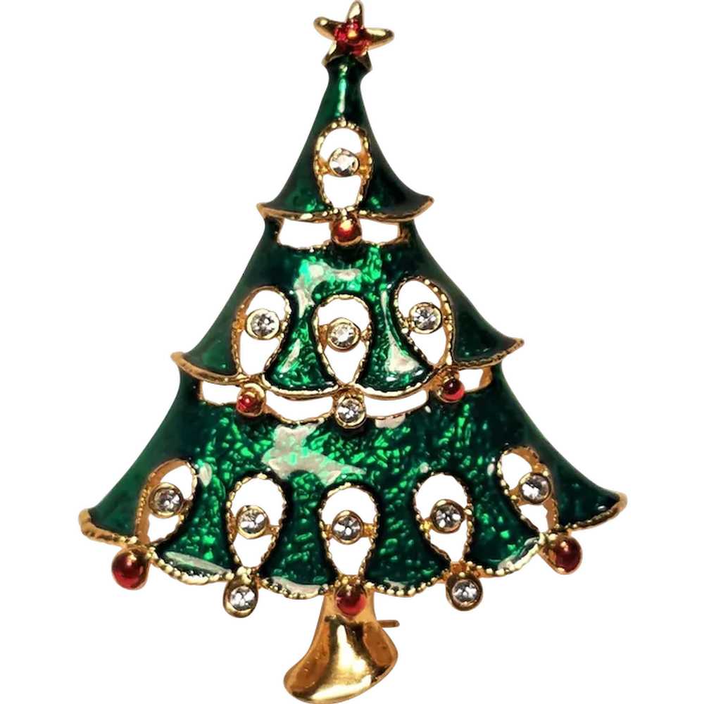 Vintage Christmas Green Enamel Tree Pin With Rhin… - image 1