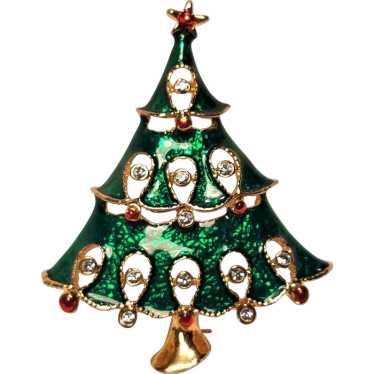 Vintage Christmas Green Enamel Tree Pin With Rhin… - image 1