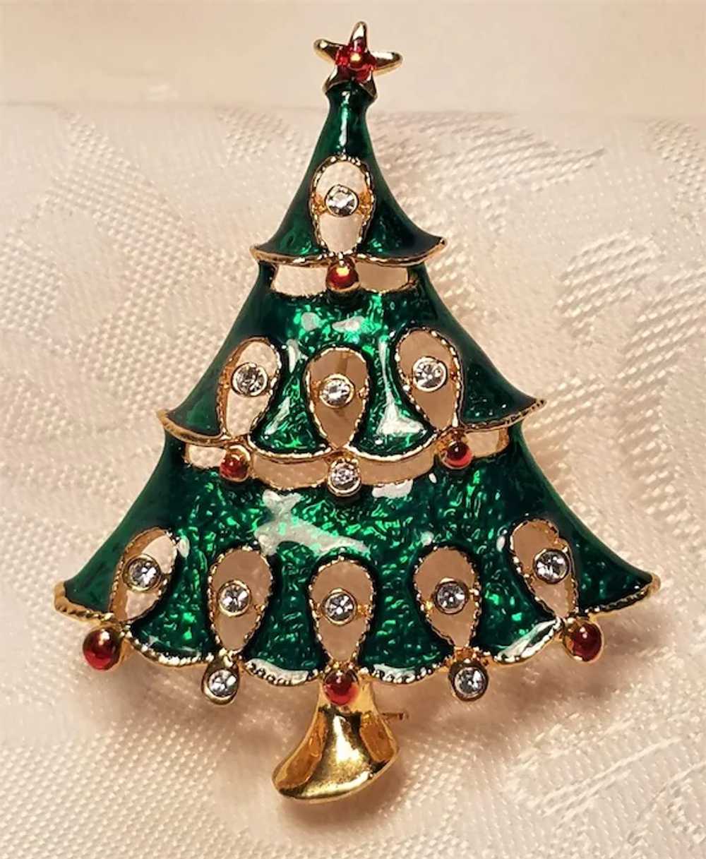 Vintage Christmas Green Enamel Tree Pin With Rhin… - image 2