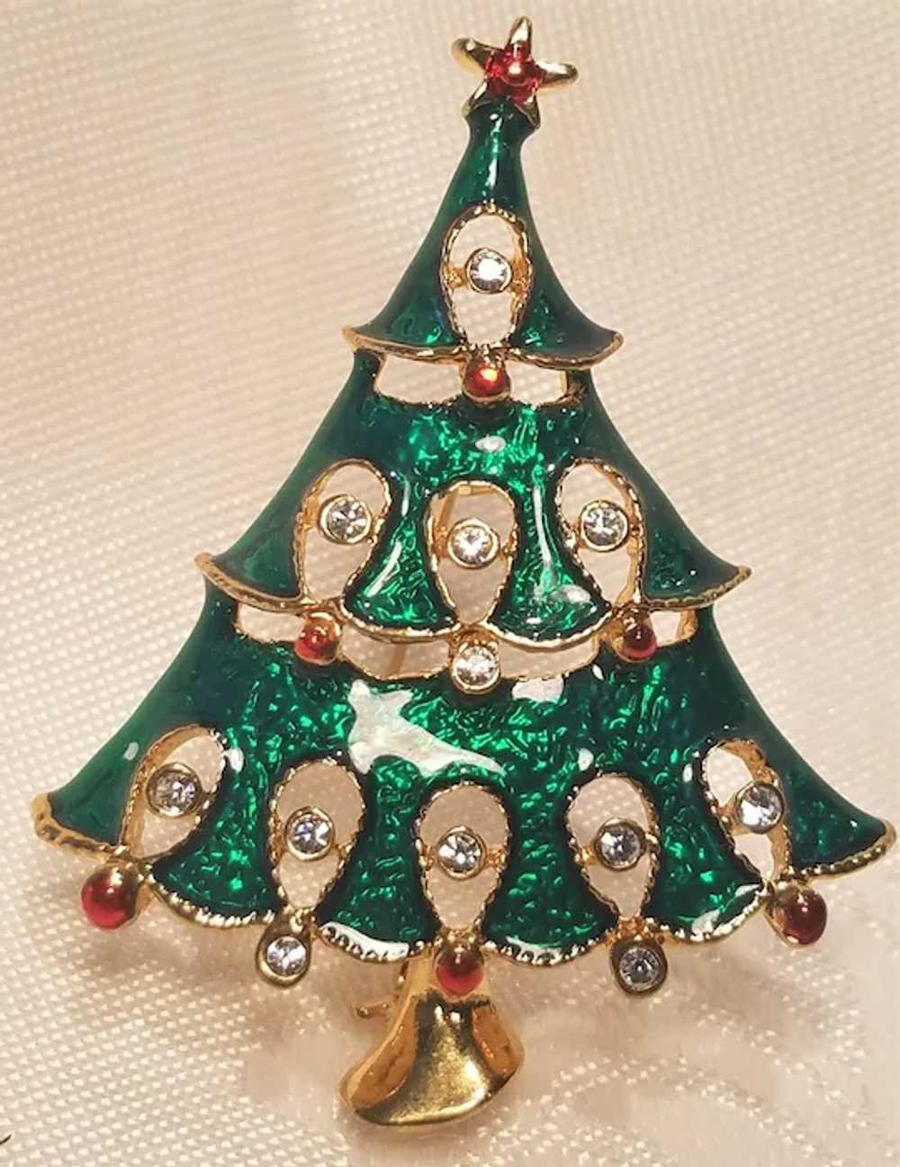 Vintage Christmas Green Enamel Tree Pin With Rhin… - image 3