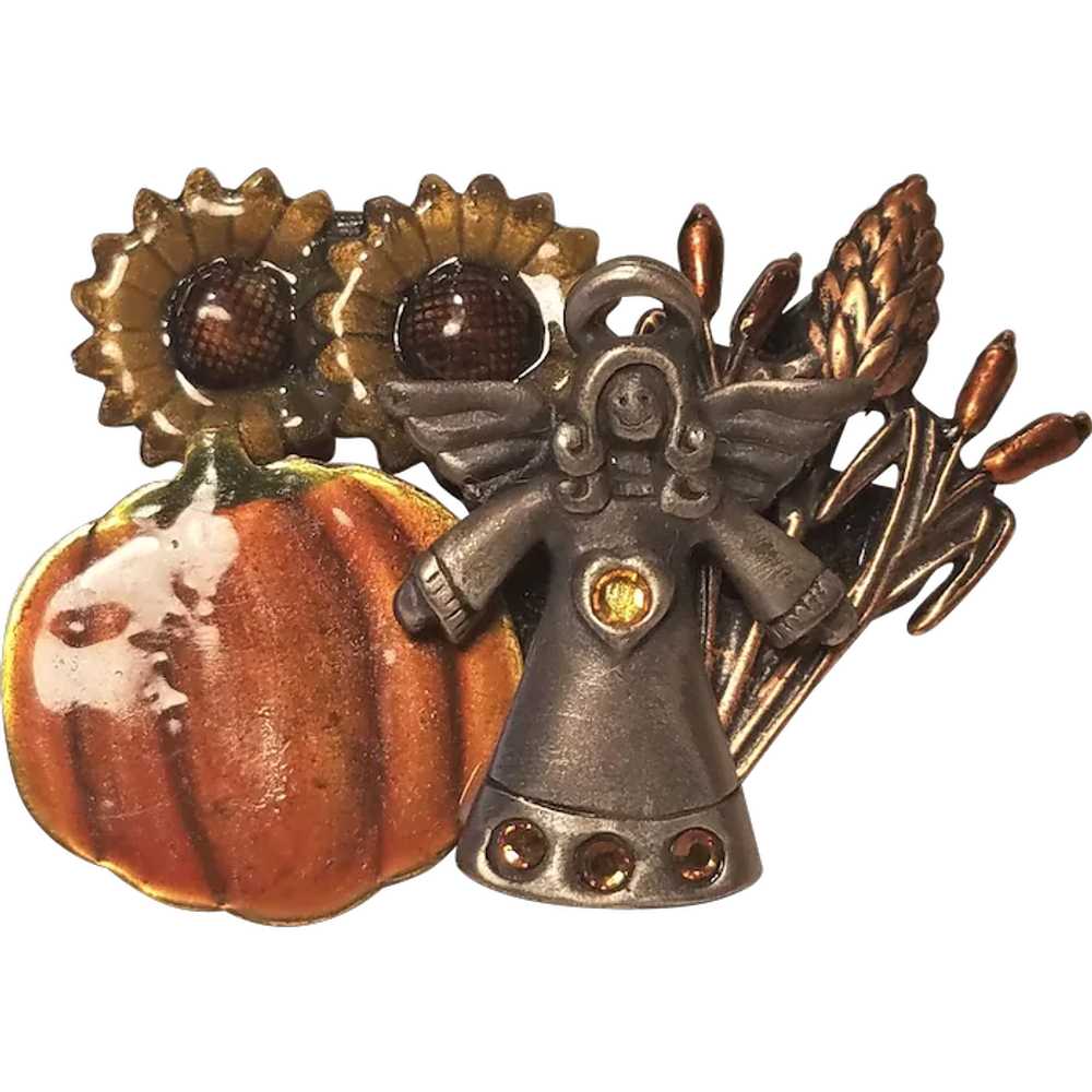 Vintage KC Fall Harvest Angel Pin With Pumpkins S… - image 1