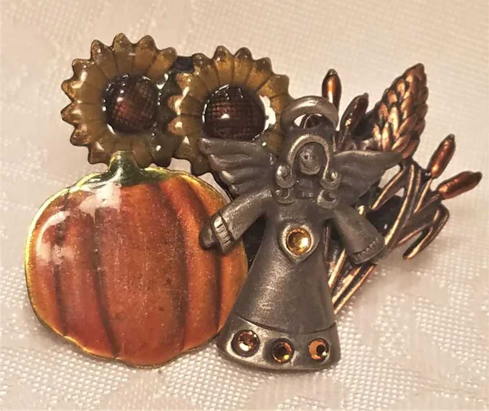 Vintage KC Fall Harvest Angel Pin With Pumpkins S… - image 2