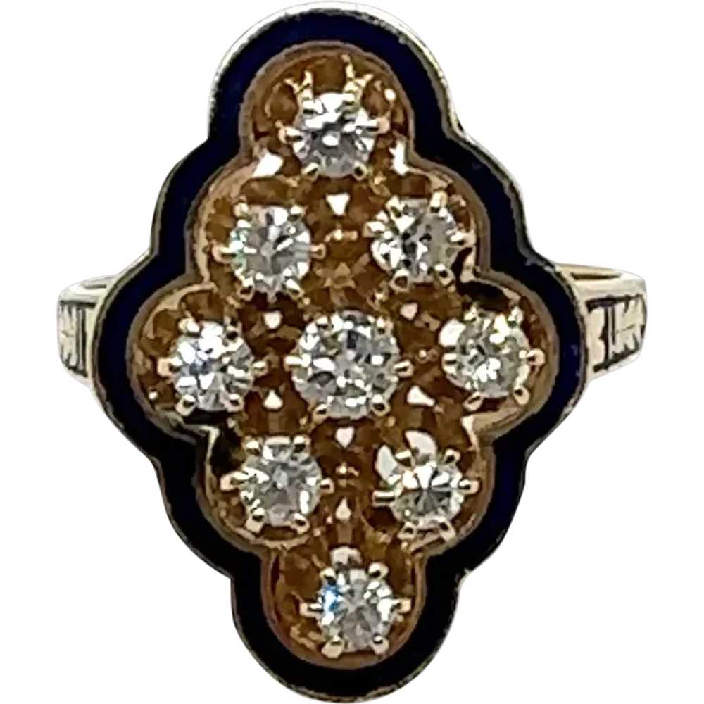 14K Yellow Gold Enamel and Diamond Ring - image 1