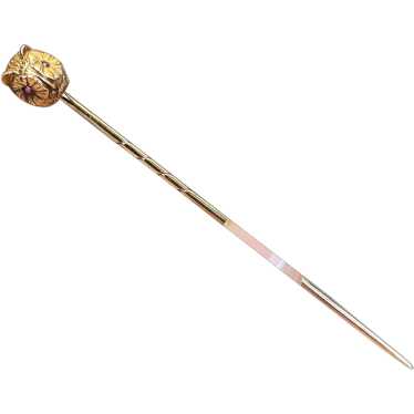Antique Owl Head Stick Pin Garnet Eyes 18k Gold - image 1