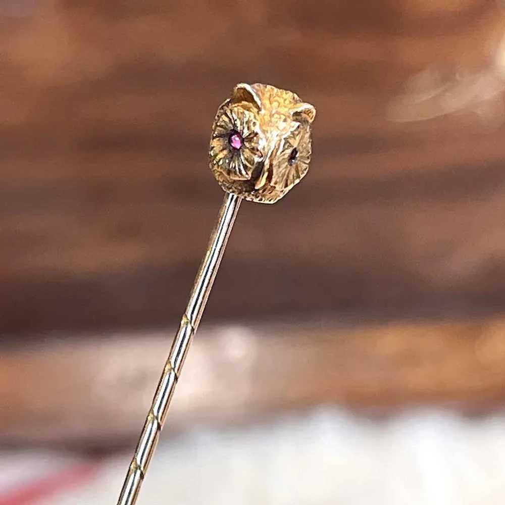 Antique Owl Head Stick Pin Garnet Eyes 18k Gold - image 4