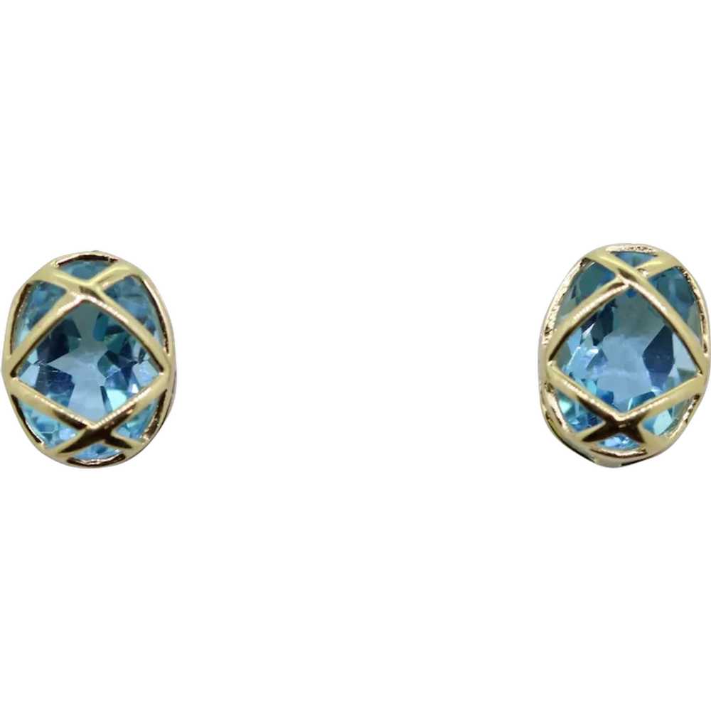14k Yellow Gold Oval Blue Stone Stud Earrings - image 1