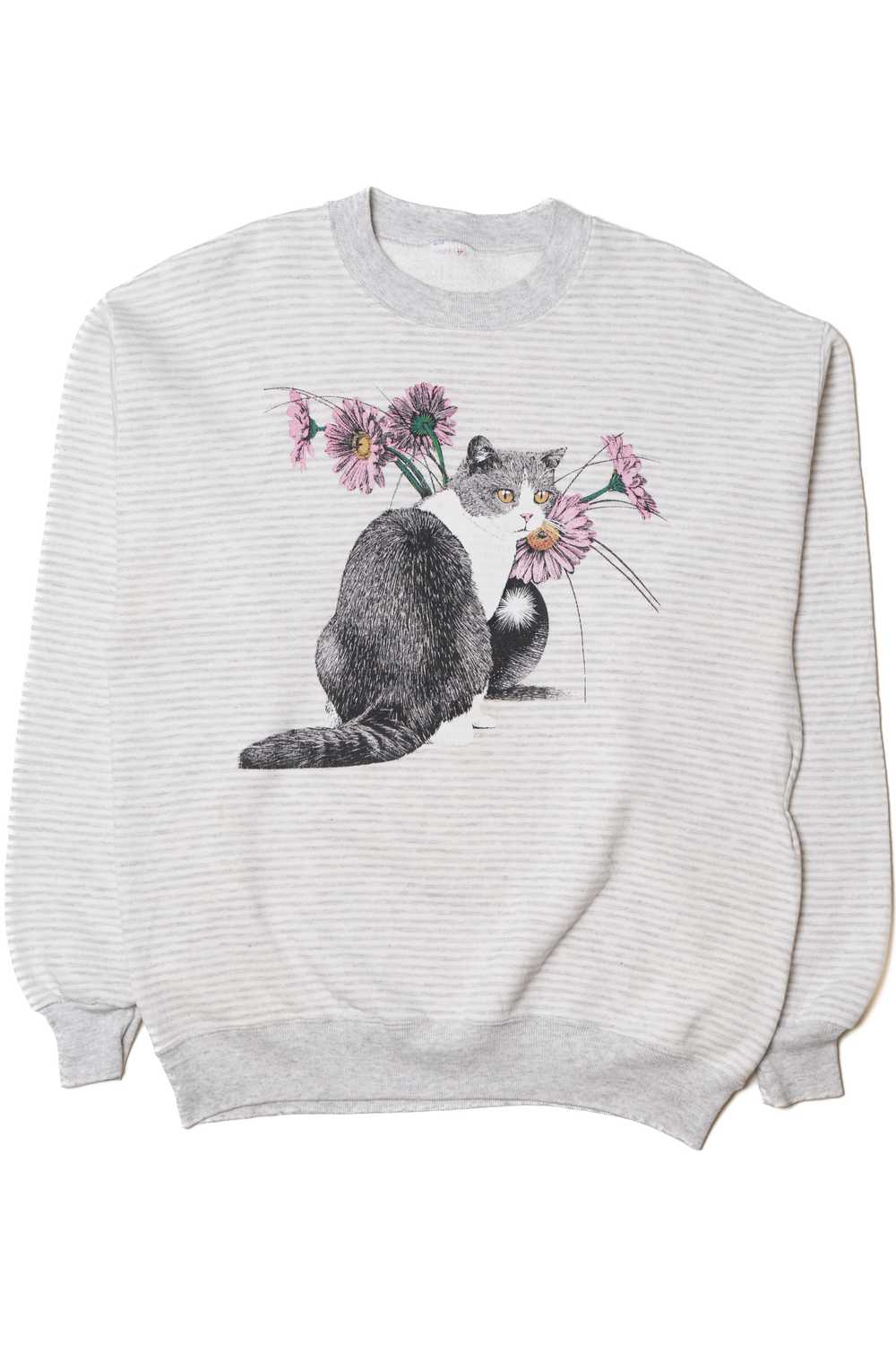 Vintage Cat With Flowers Thin Striped Sweatshirt - image 1