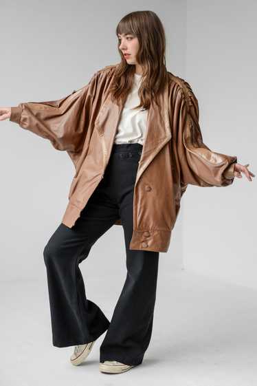 Almond Leather Batwing Pleated Coat