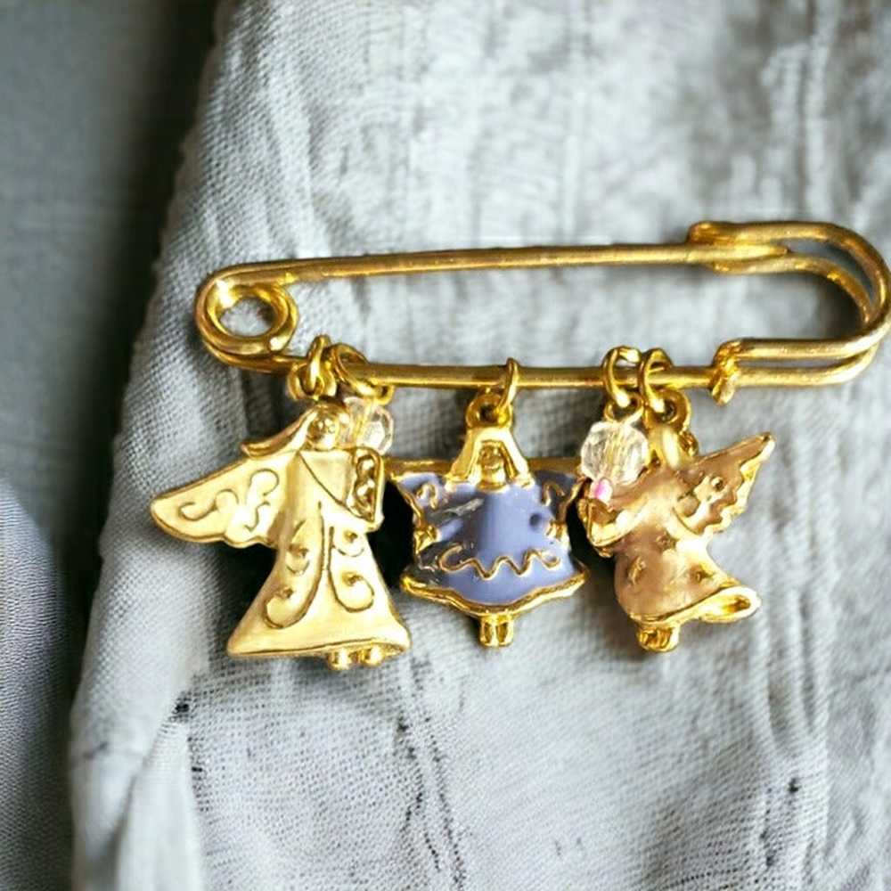 Angel Charm Gold Tone Safety Pin Enamel Blue & Pi… - image 1