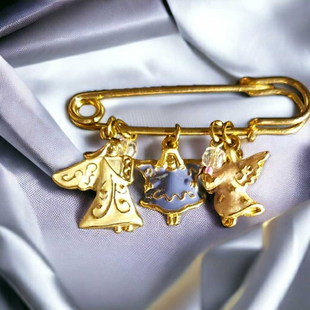 Angel Charm Gold Tone Safety Pin Enamel Blue & Pi… - image 4