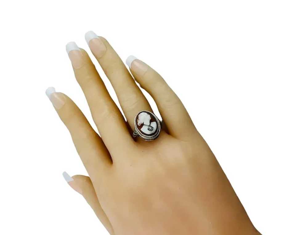 14K White Gold Cameo Filigree Ring with Diamond #… - image 9