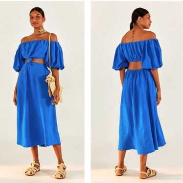 Farm Rio Knotted Linen Blue Midi Dress Size Small - image 1