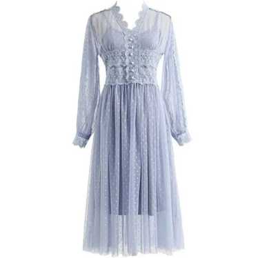 Hollow Out Puff Sleeve Floral Embroidery Dress Bl… - image 1