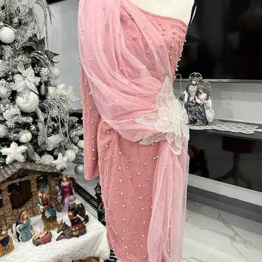 Pink One shoulder Pearl Details Dress - image 1