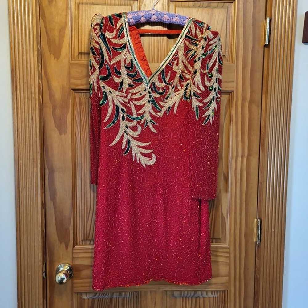 VINTAGE 80's Red Long Sleeve Beaded Sequin Dress - image 1