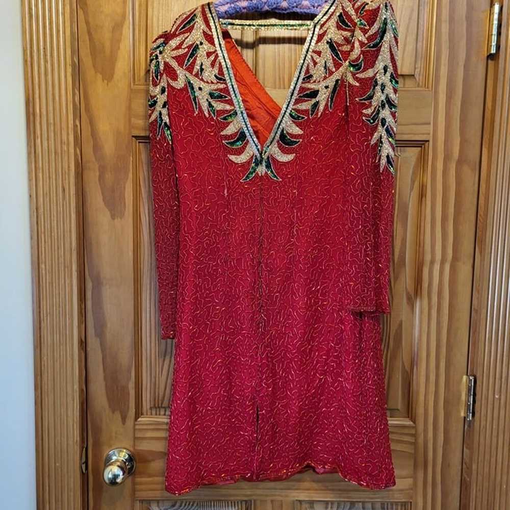VINTAGE 80's Red Long Sleeve Beaded Sequin Dress - image 2