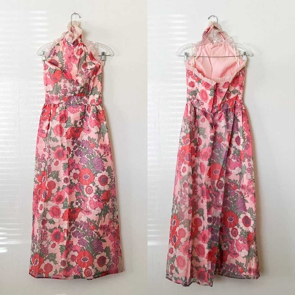 Vintage Pink Retro Floral Halter Maxi Dress - image 1