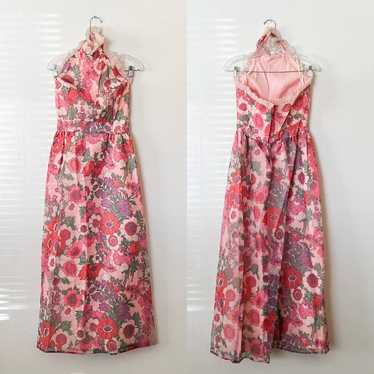 Vintage Pink Retro Floral Halter Maxi Dress - image 1