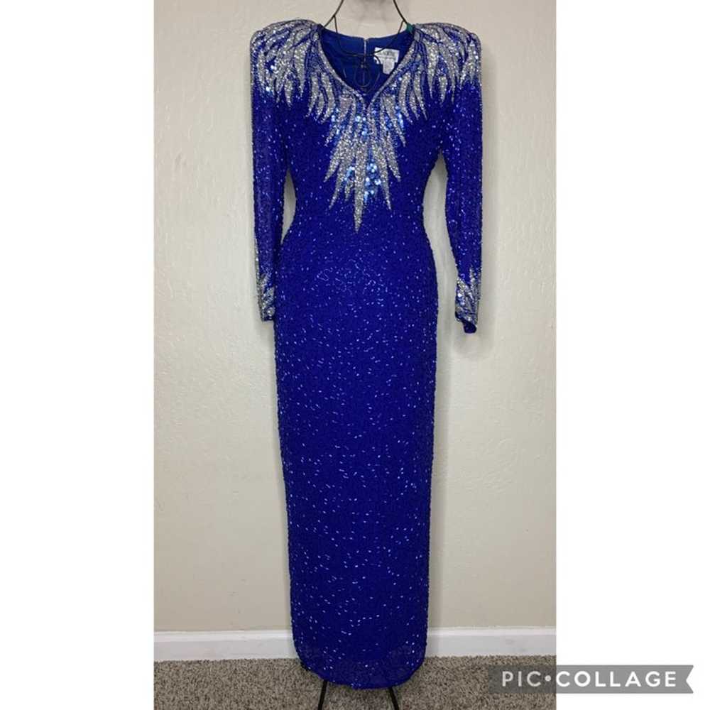 VTG Black Tie By He-Ro Ind Blue Long Sequin Beade… - image 1