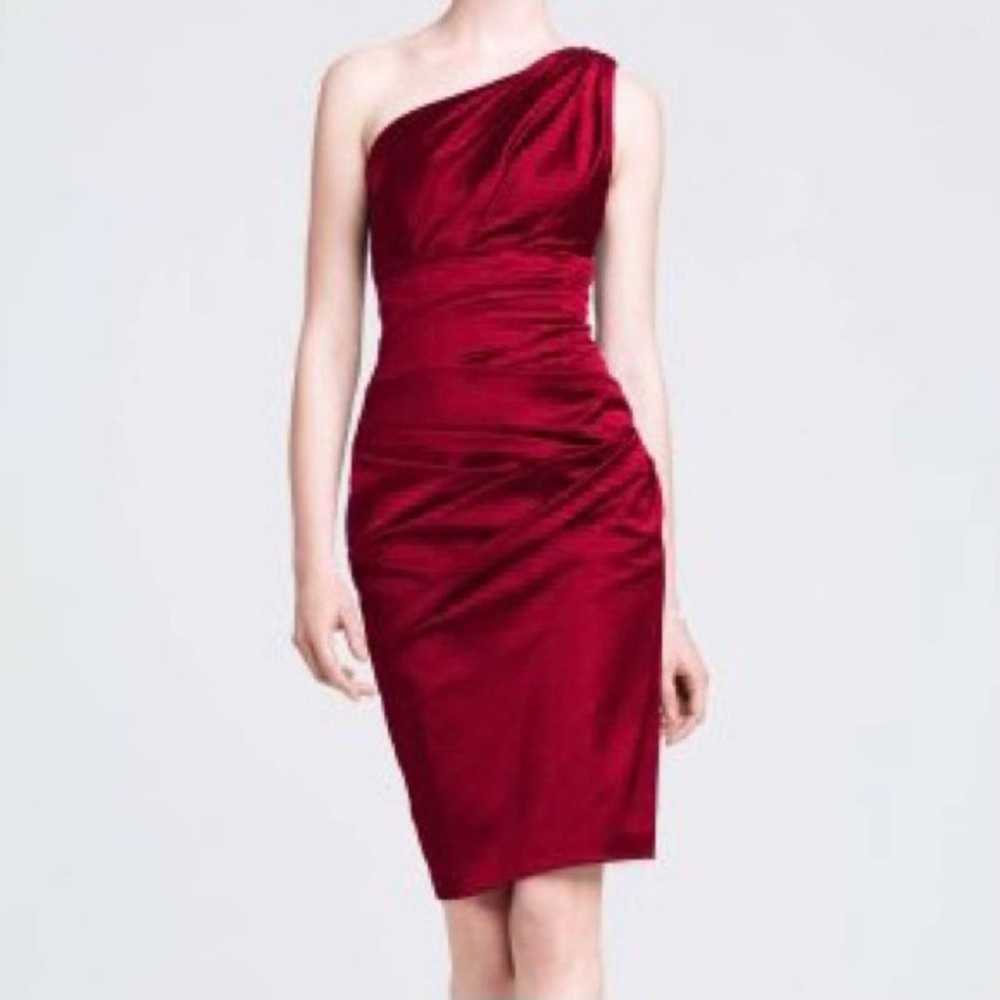 David's Bridal red single shoulder ruched dress - image 2