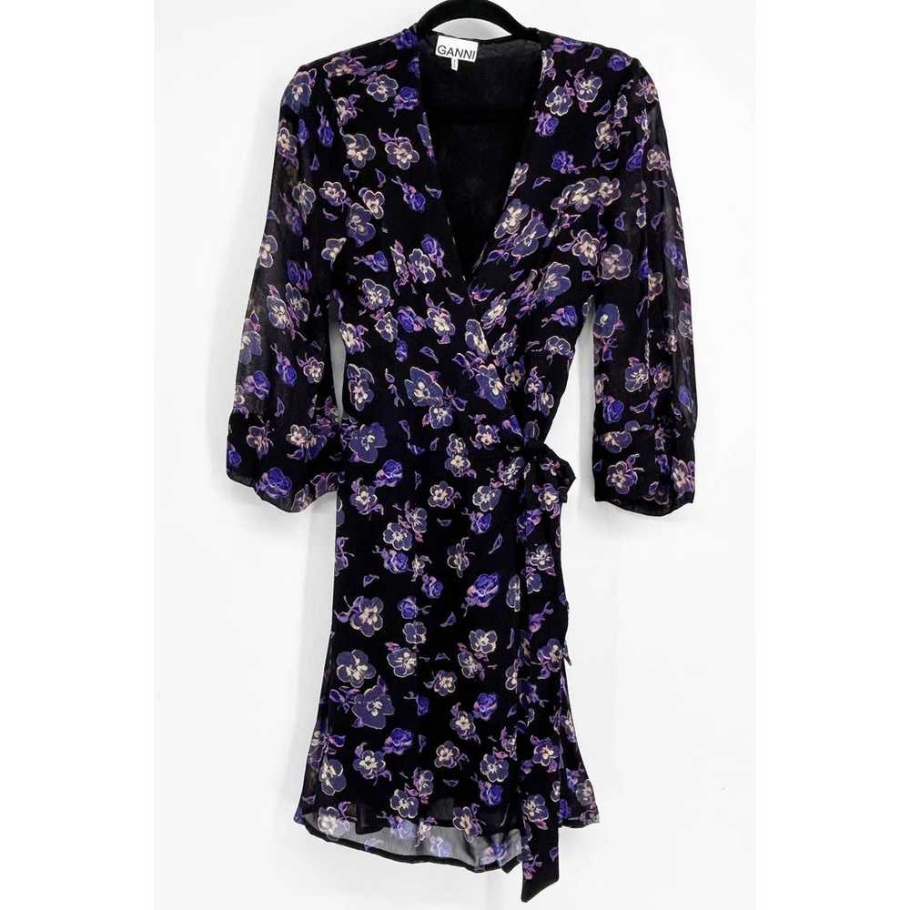 GANNI Georgette Floral Wrap Dress In Purple - image 3