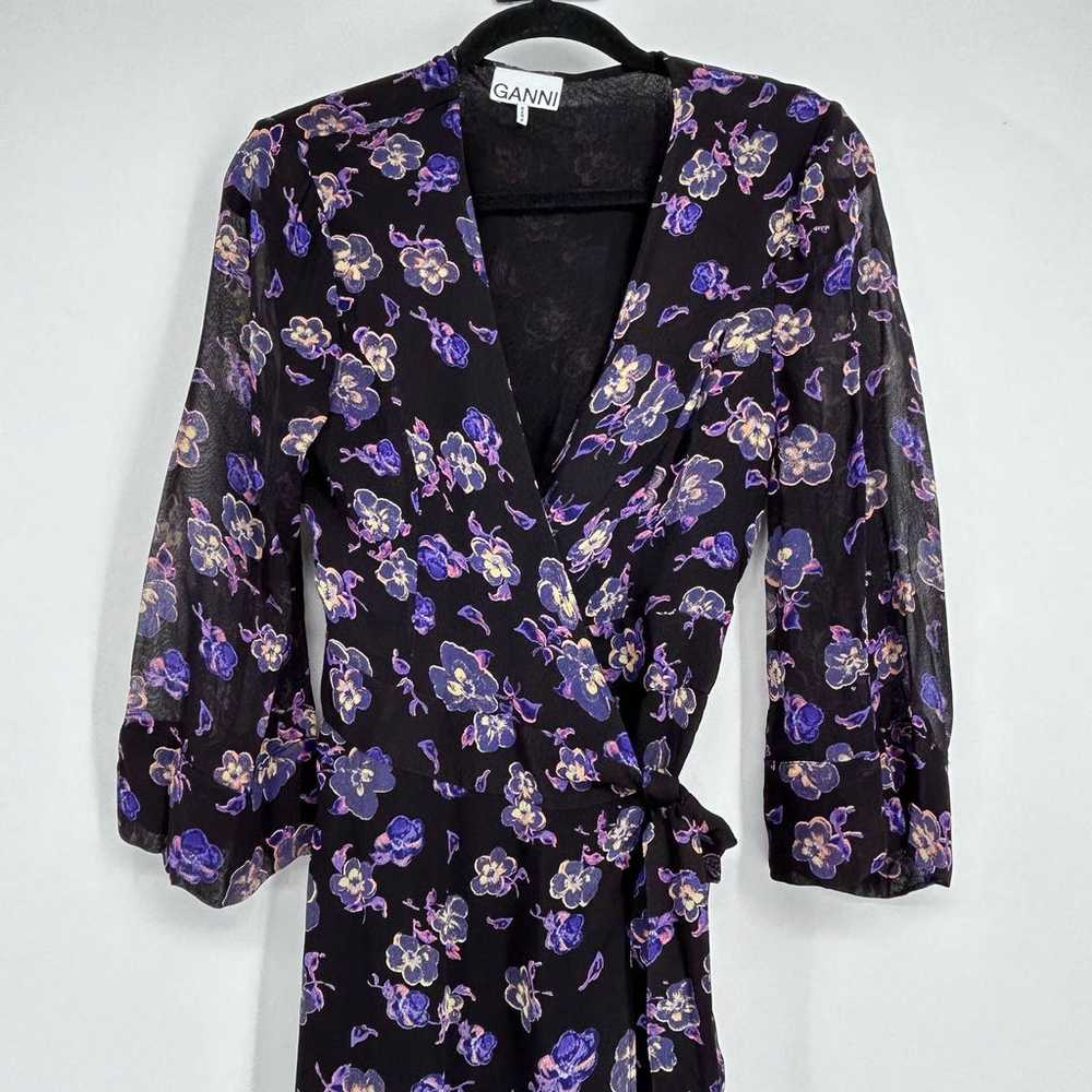 GANNI Georgette Floral Wrap Dress In Purple - image 5