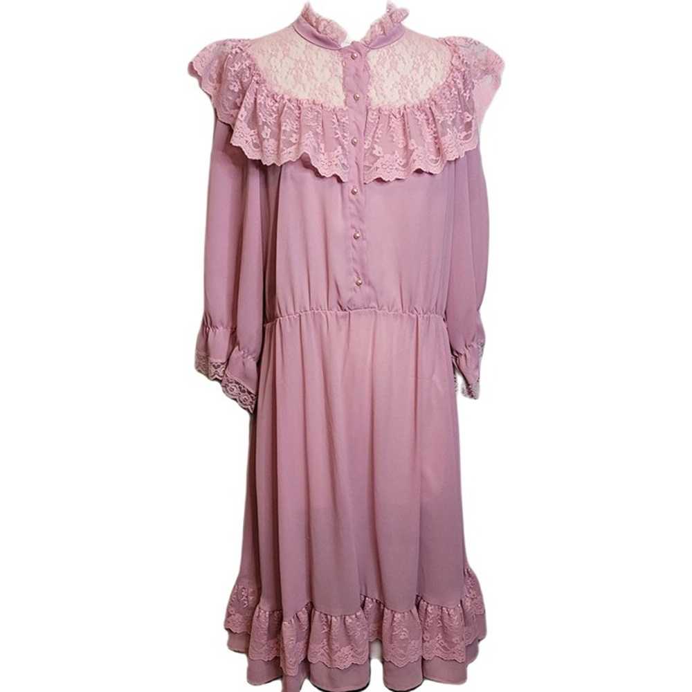 Mauve Cottagecore Prairie Dress High Neck Lace Ru… - image 1