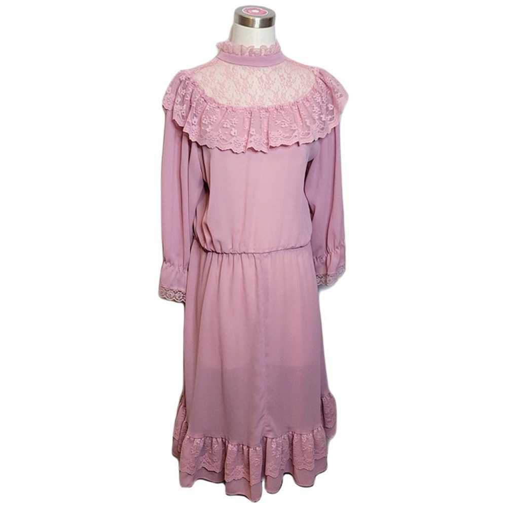 Mauve Cottagecore Prairie Dress High Neck Lace Ru… - image 2