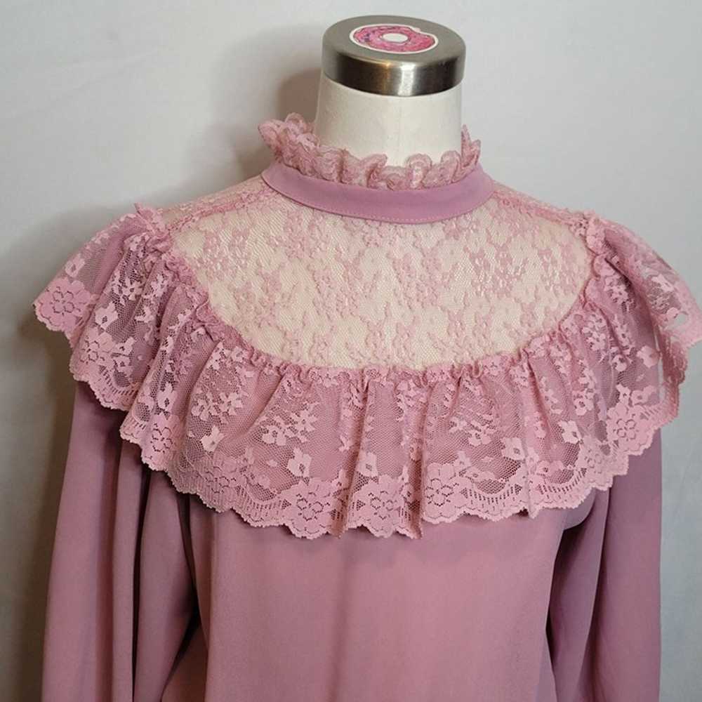 Mauve Cottagecore Prairie Dress High Neck Lace Ru… - image 7