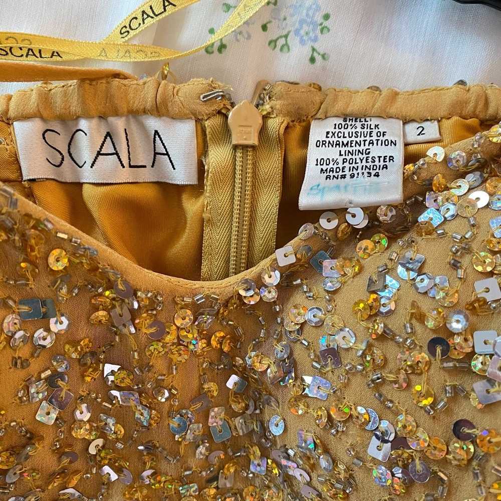 Scala 100% Silk Beaded Sequin Yellow Gold Dress - image 8