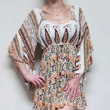Vintage 70s Peach Paisley Raw Cut Strappy Dress - image 1