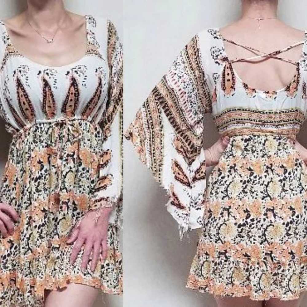 Vintage 70s Peach Paisley Raw Cut Strappy Dress - image 2
