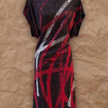Vintage NUIT Black Red White Abstract Glitter Mid… - image 1