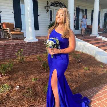 blue one shoulder prom dress