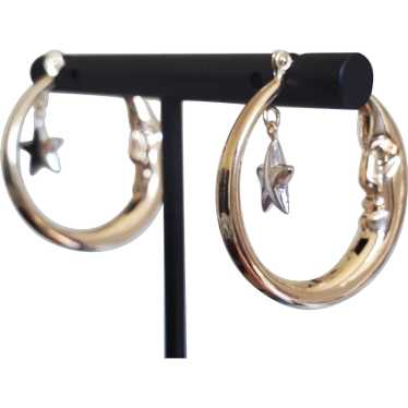 14K Celestial Moon & Stars Hoop White & Yellow Gol