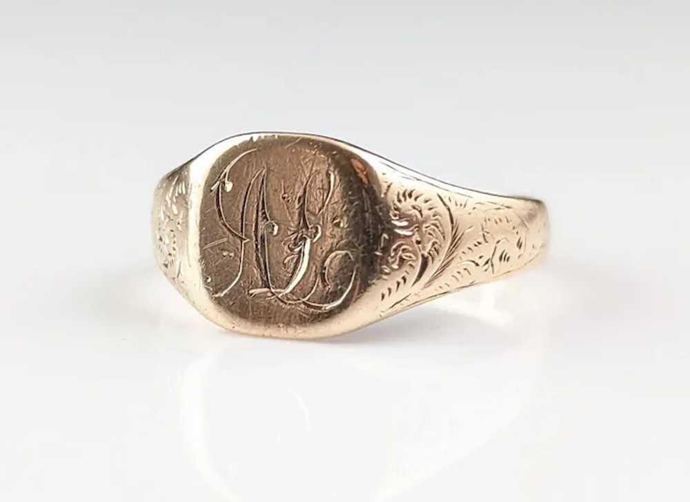 Antique 9k rose gold signet ring, Pinky ring, Eng… - image 10