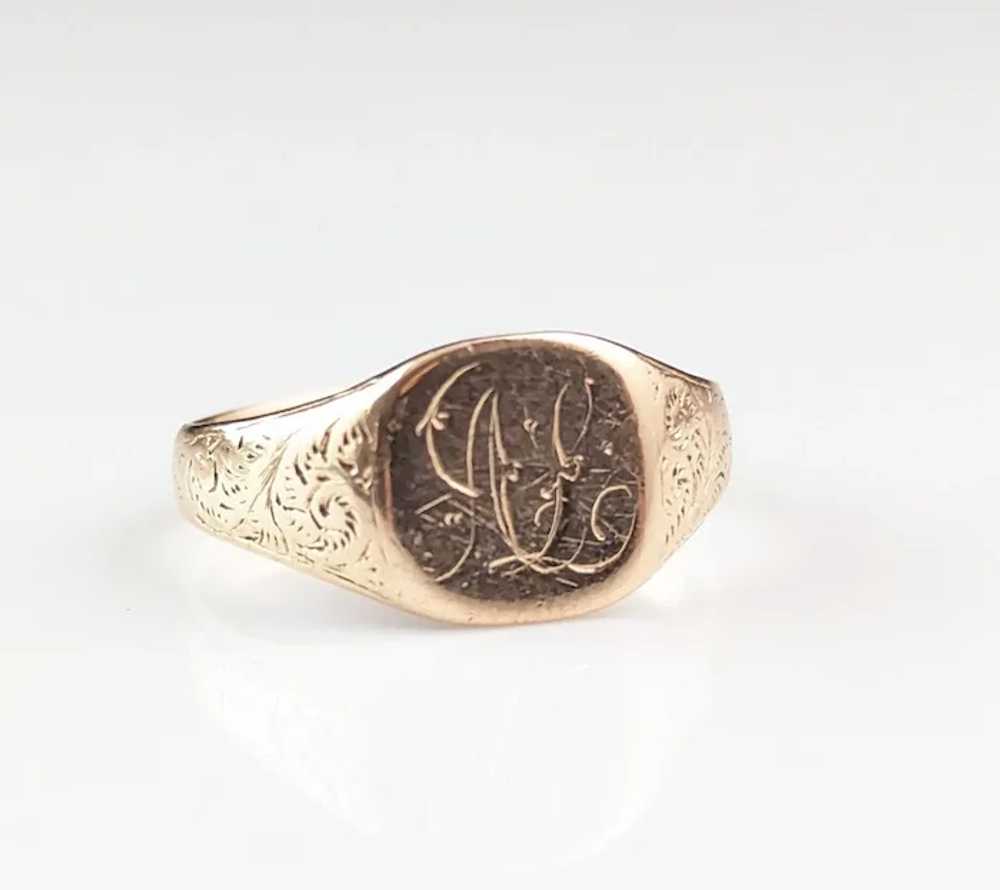 Antique 9k rose gold signet ring, Pinky ring, Eng… - image 8