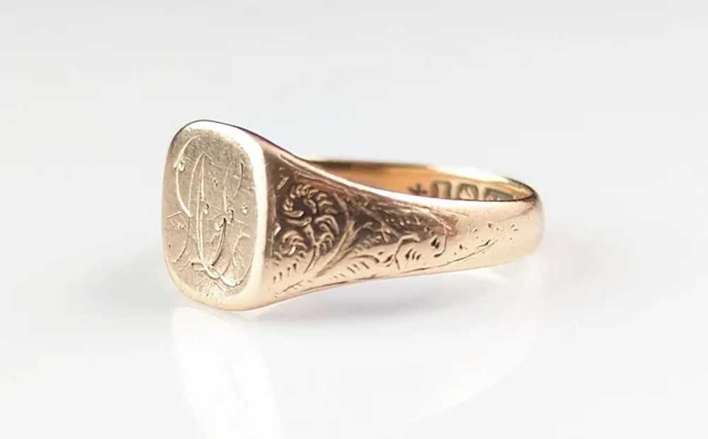 Antique 9k rose gold signet ring, Pinky ring, Eng… - image 9