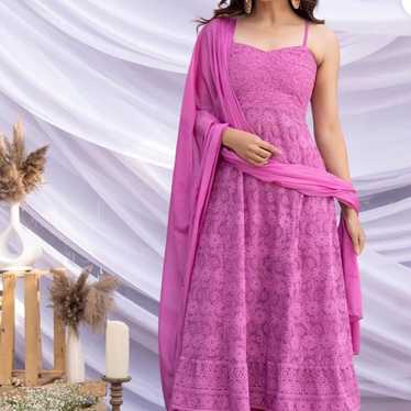 Indian dress. Pink chikankari dress. Anarkali lehe