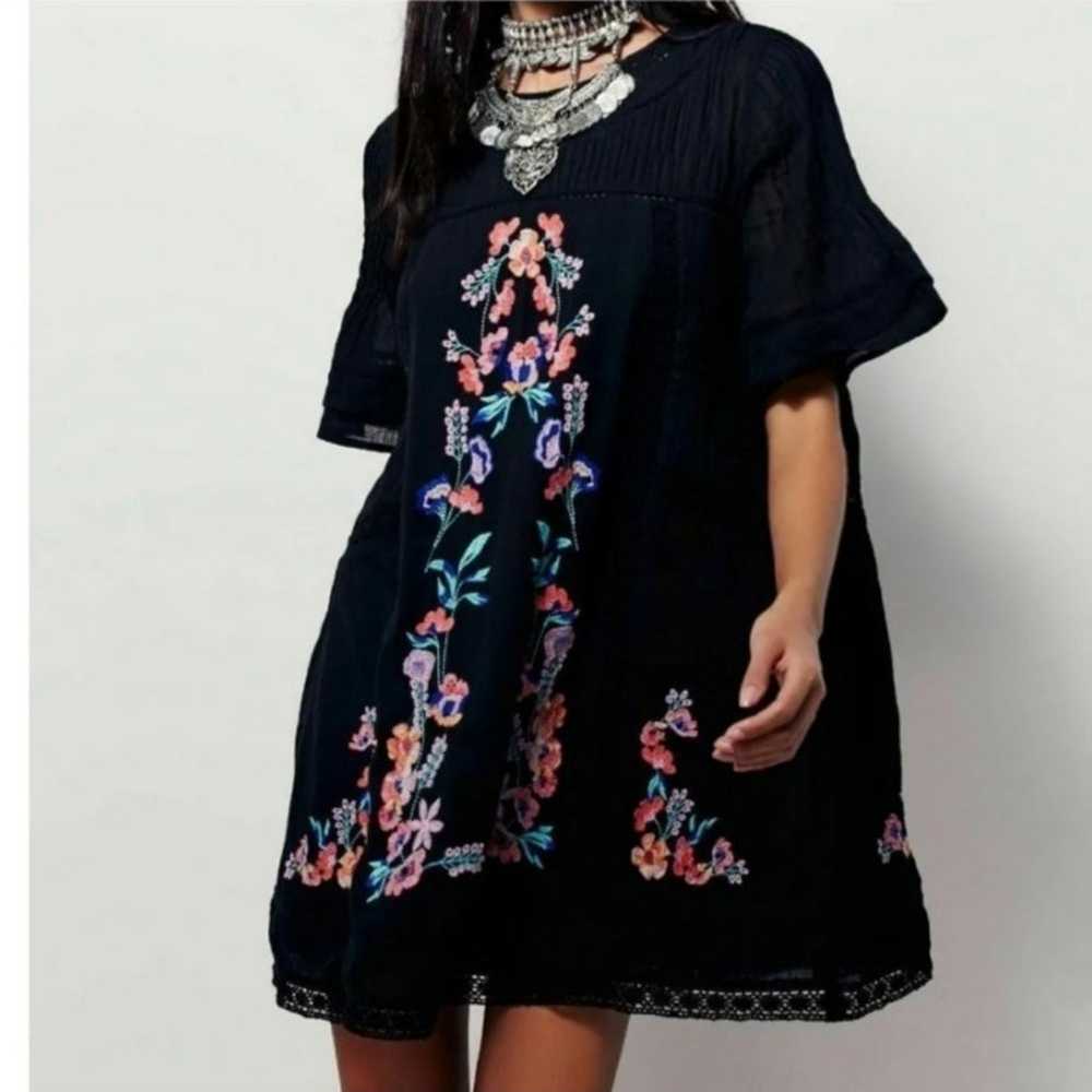 Free People Victorian Embroidered   Black Smock D… - image 1