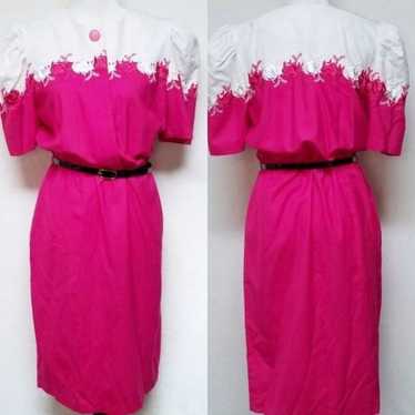 VINTAGE 70s Brenner Pink Embroidered Belted Dress - image 1