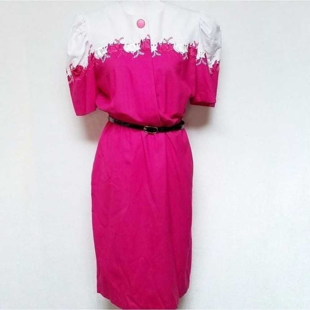 VINTAGE 70s Brenner Pink Embroidered Belted Dress - image 2