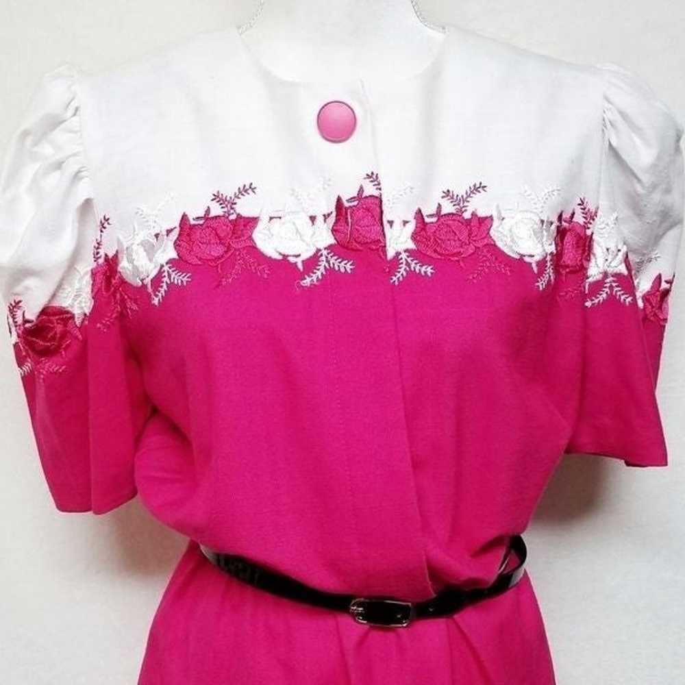 VINTAGE 70s Brenner Pink Embroidered Belted Dress - image 3
