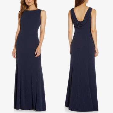 ADRIANNA PAPELL Cowl Back Navy Blue Metallic Gown - image 1