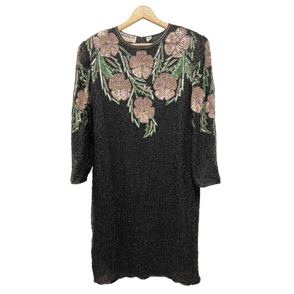 Scala Vintage Black Silk Floral Beaded Sequin Dre… - image 1